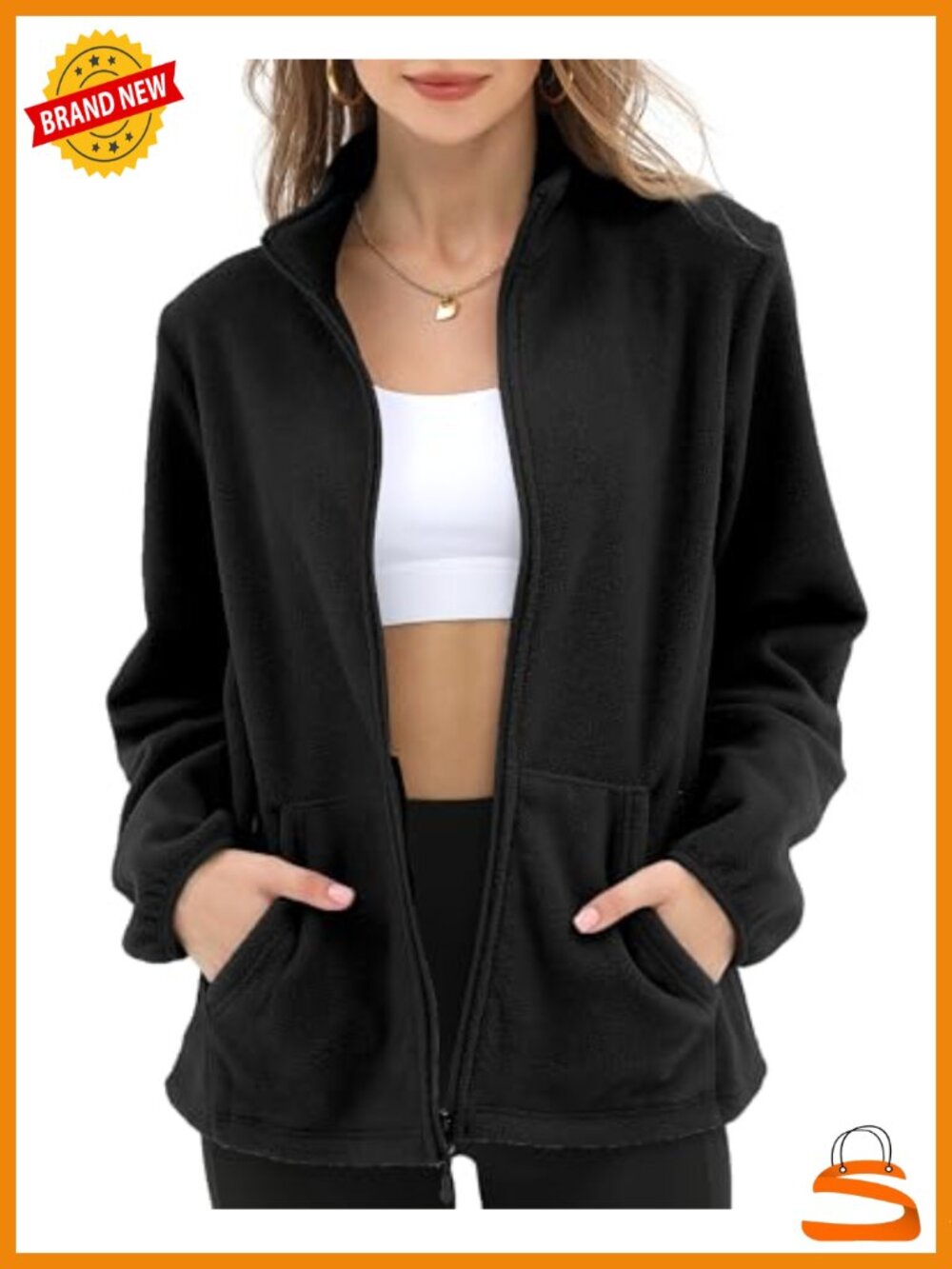 Women's Lightweight Fleece Jacket with 6 Pockets Full Zip Stand Collar